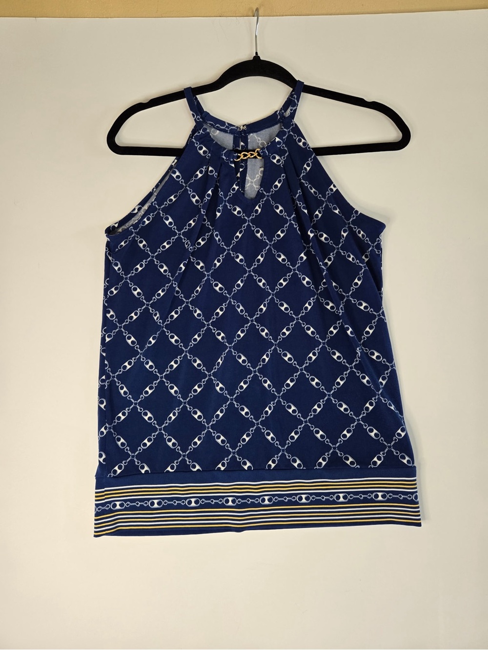 Navy Chain-Print Halter Camisole with Gold Accent